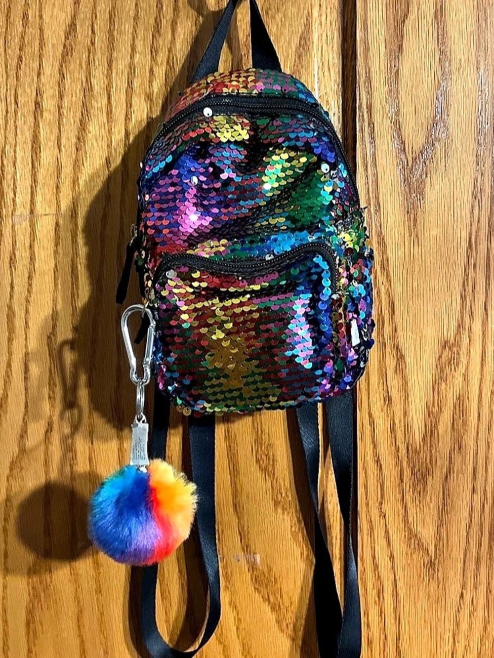 Justice Rainbow Sequin Mini Backpack with Front Chain Detail and Pom Keychain